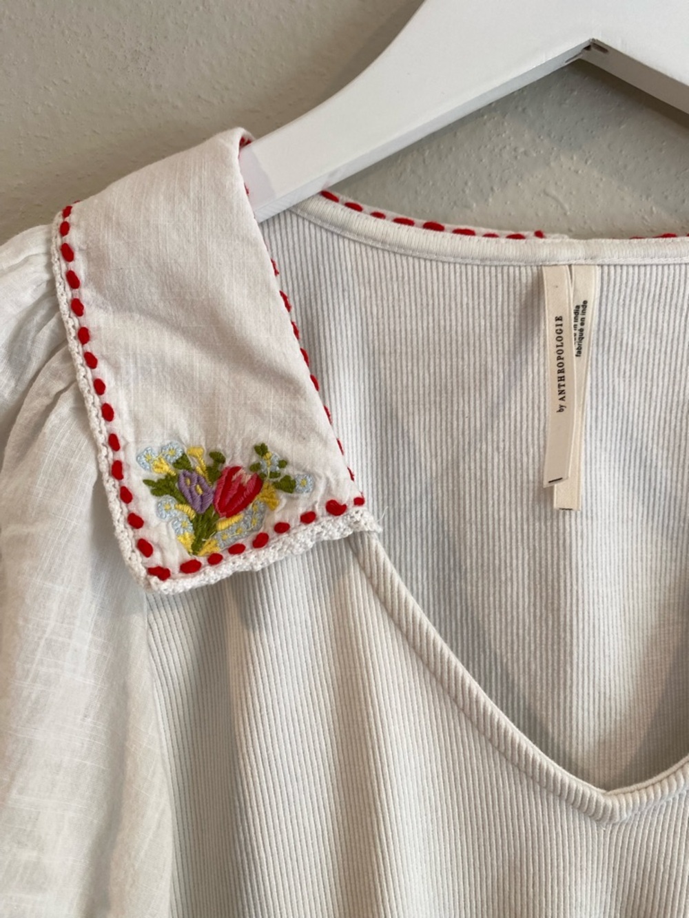 Anthropologie Embroidered Peter Pan Collar Ribbed Puff Sleeve Top S Cottagecore - Picture 3 of 14